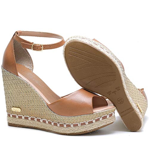 Sandália Anabela feminina em couro legitimo ref. 3200 (36, CARAMELO)