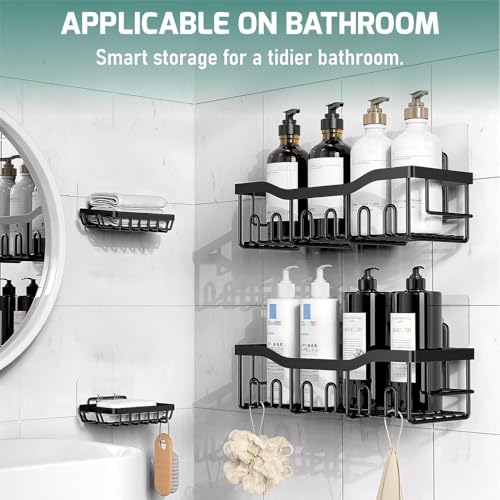 Image of JD FRESH 4-in-1 Self Adhesive Bathroom Shelf Combo /Drill-Free Wall Mounted Organizer /Rust-Proof Metal Storage Rack with Soap& Toothbrush Holder /Multipurpose Bathroom Accessories Alloy Steel (Black)