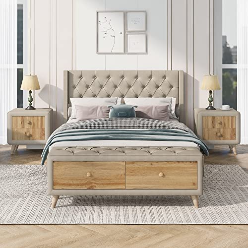 Deinppa 4-Pieces Modern Bedroom Set, Wooden Bedroom Furniture Sets With Full Size Upholstered Platform Bed,2 Nightstands And 1 Storage Bench For Kids Teens Adults Bedroom #TOP1