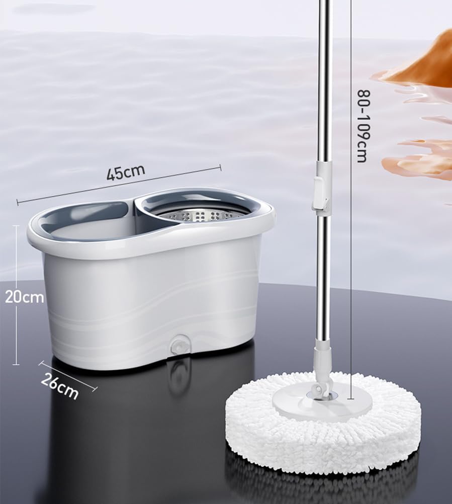 Mop Bucket Set – 360-degree Rotating mop | Hands-Free Household Cleaning Tool, Stainless Steel Handle, 2 Microfiber Heads for efficient Floor Cleaning, Detachable and Foldable