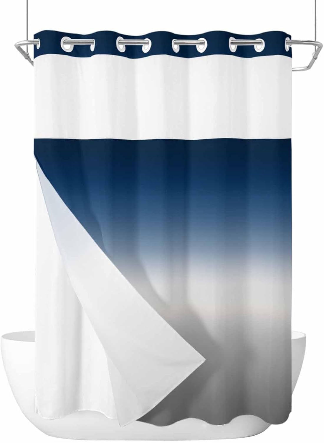 No Hook Cloth Fabric Shower Curtain with Snap in Liner, Modern Simple Waterproof Shower Curtains Set with See Through Top Window, Blue Gray Gradient Bath Curtains Shower 72"x96"
