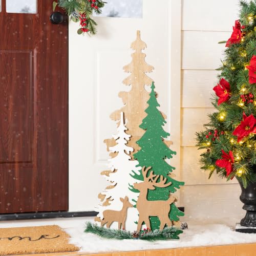 Image of Glitzhome 35.5 inchH Wooden Christmas Tree Porch Sign,Standing Porch Decor with Reindeer and Pinecone,Merry Christmas Welcome Sign for Holiday Front Porch Outdoor Decorations