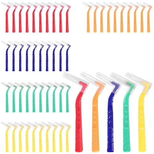 FAYAHAR 50 Pezzi Spazzolini Interdentali, 5 Misure Spazzole Interdentali, L-Scovolino con Manico Antiscivolo, Portatile Scovolini Dentali Angolato, per Pulizia Denti (5 Colori)