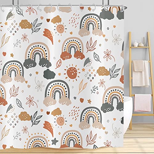 Cortina de Ducha Boho Arco Iris 180x200, Hnmdmyi Mediados de Siglo Hojas Abstractas Modernas Nube de Sol Arte Estético Geométrico Cortina de Bañera Blanca Tela De Poliéster Impermeable Cortina De Baño