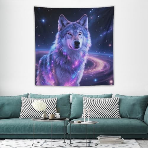 Tapisserie loup galaxie maccbn pour transformer un mur vide en espace chaleureux