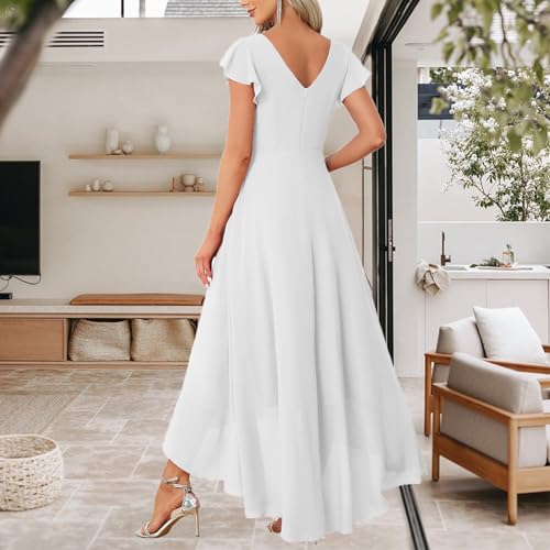 Image of FairyLove Women Wedding Ruffle Dresses Flowy Puffy with Deep V Neck Pleated Hem Lantern Long Sleeve Bell Sleeves