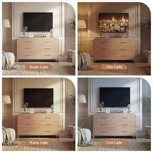 Image of Curved 6-Drawer Dresser for Bedroom, 54 inch Wide Modern Chest of Drawers, Vanity Desk TV Stand for Living Room, Closet Storage Drawers Organizer Furniture, Nursery, Hallway, Gray Oak