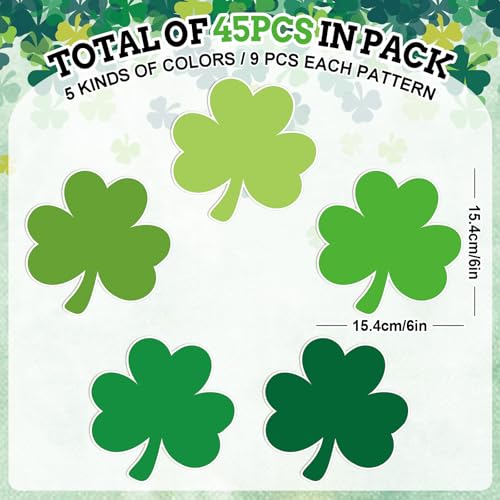 FYSUIMU 45Pcs St. Patrick’s Day Shamrock Cutouts Gradient Green Lucky Clover Cut-Outs Irish Cardboard Paper Cutting with 100Pcs Glue Points for DIY Crafts Classroom Bulletin Board Decor