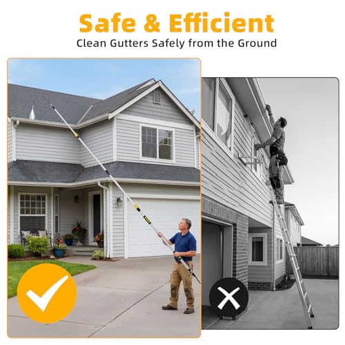 EVCITN 24FT Reach Gutter Cleaner, Gutter Cleaning Tools from the Ground with 3/4" Brass Shut-Off Valve & Bendable 360° Rotating Water Wand, Safe Cleaning for 2-Story Homes — view 2