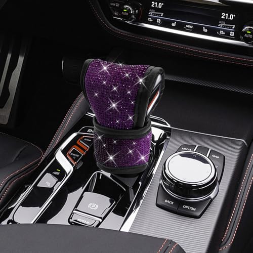 Tecledsn Bling Bling Auto Gear Shift Knob Cover, Car Shifter Cover, Shift Gear Cover with Crystal Glitter Bling Rhinestones, Interior Accessories Car Knob Gear Stick Protector for Women Girl (Purple)