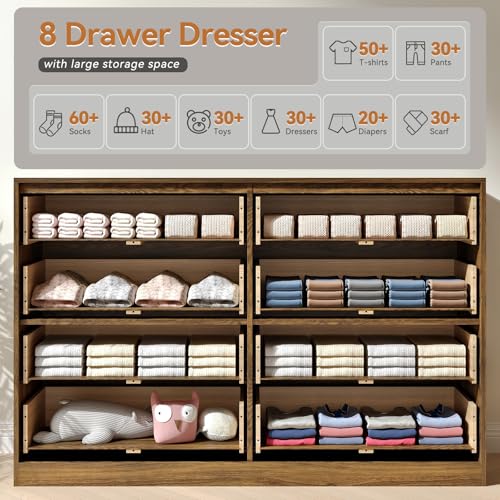 Image of Fluted 8 Drawer Double Dresser Wood,55 inch Wide Bedroom Dresser Mid Century Chest of Drawers Wooden with Gold Handle,Dressers TV Stand for Bedroom,Living Room,Walnut