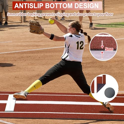 Wemily 10x3 ft Softball Pitching Mat with Rubber Mound - Antifade Turf, Antislip Foam Backing - Fastpitch Equipment for Softball and Baseball Pitchers Practice - Red