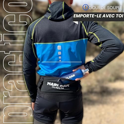 MARLOAR Ceinture Running + Flasque Running 250ml en Cadeau - Ceinture Hydratation Running - Ceinture de Course avec Porte dossard et Porte bâton Inclus pour Le Trail Running, Noir (Black, L) – vue 3