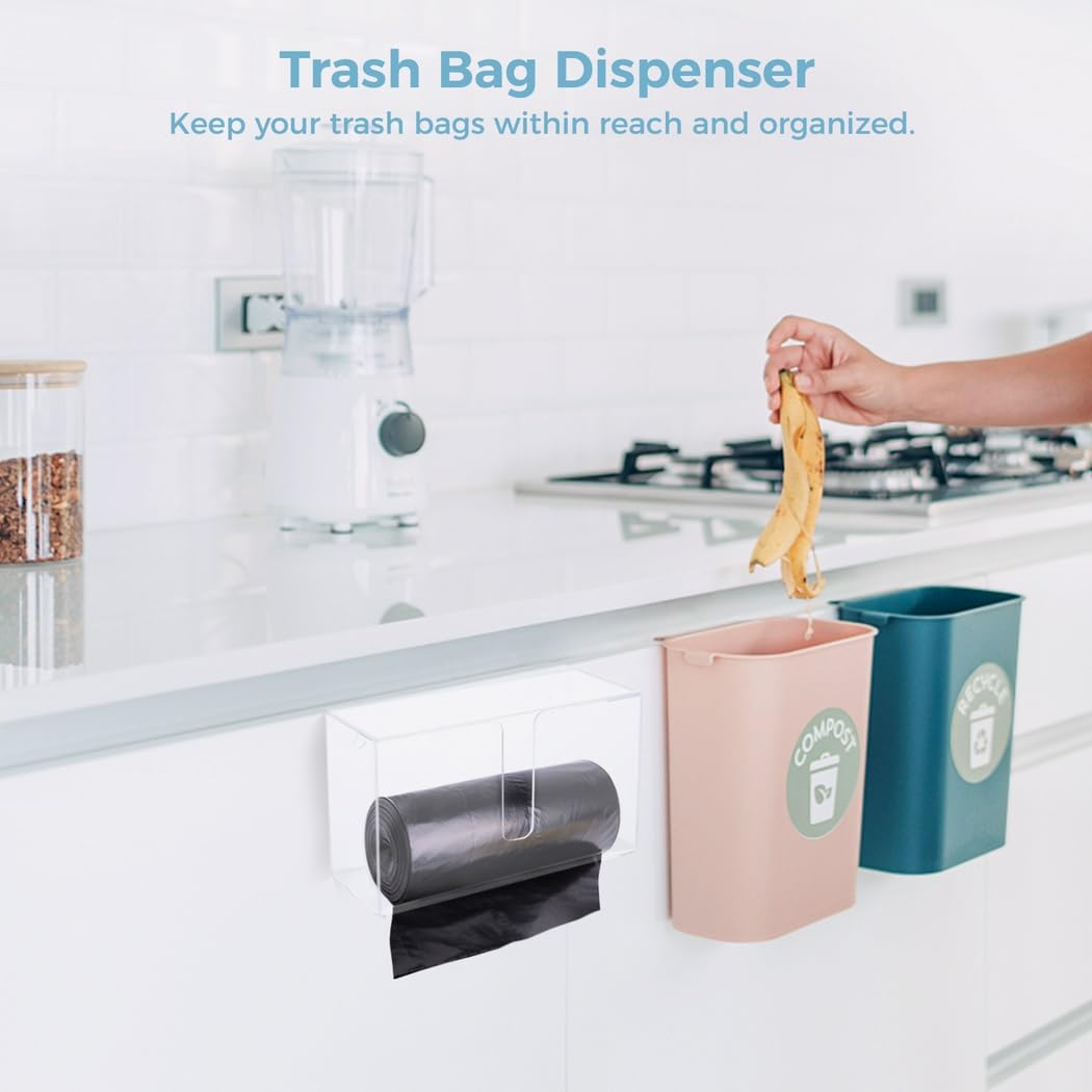 Soporte para bolsas de basura de acrílico transparente montado en la pared, dispensador compacto para bolsas de basura y plástico, caja de almacenamiento fácil de usar con tapa para organización