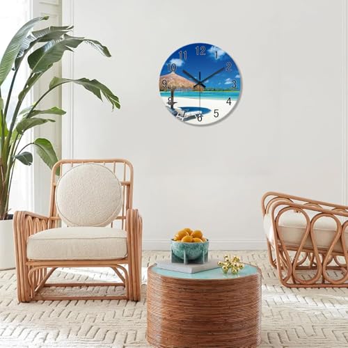 Image of XFM Blue Beach Wall Clock 12 Inch Silent | Non-Ticking Battery Operated Modern Glass Tropical Summer Coastal Decorative for Living Room Kitchen Bedroom Office
