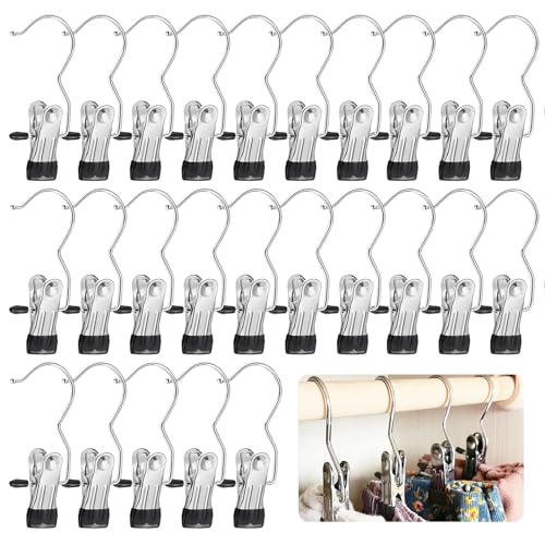 GOTRUST 25pcs Wäsche Haken Satz, Metall Klammerhaken, Wäschehaken Boot Clips, Tragbar 360° Drehbarer Stiefelklammern, rutschfest Kleiderbügel Clip für Hosen Schuhe Handtuch