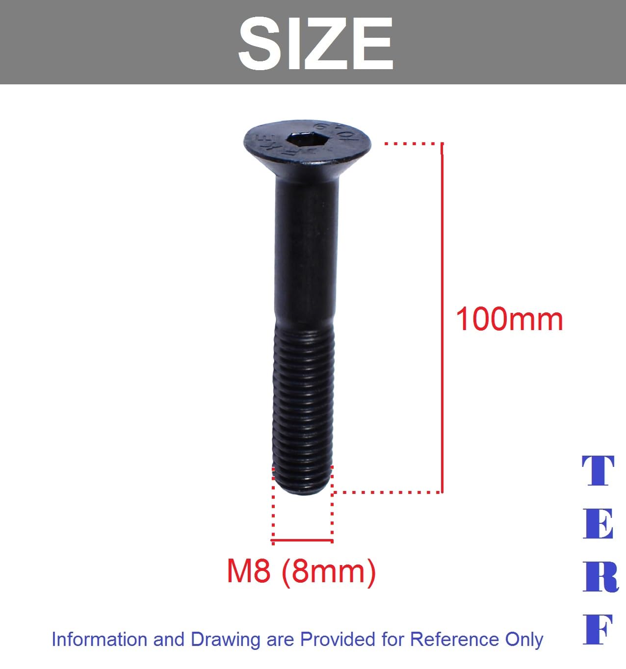 TERF® M8 X 100mm Hex Socket Countersunk Black Machine Screw M8 (8mm) X 100mm Allen Key Bolts Hexagonal Socket Countersunk Machine Screws - Image 3