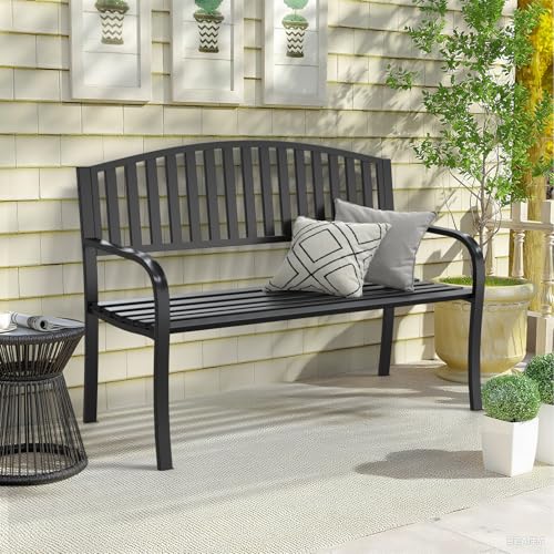Maemttes 50\" Heavy Duty Outdoor Bench, Wrought Iron Weatherproof Garden Bench Black Metal Patio Bench for Park Proch Yard 880lbs - Thumbnail 6