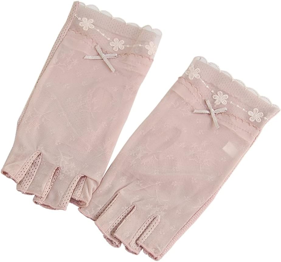 Half Finger Gloves Women's Thin Short Ice Silk Bow Outdoor Lace Driving and Cycling