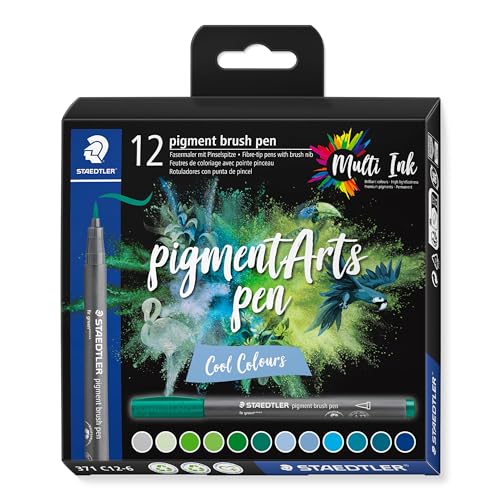 STAEDTLER brush pen pigment Arts, Premium-Zeichentusche, Pinselspitze für variable Linienbreite, wasserfest, schnelltrocknend, 12 brush pens in sortierten Farben im Kartonetui, 371 C12-6