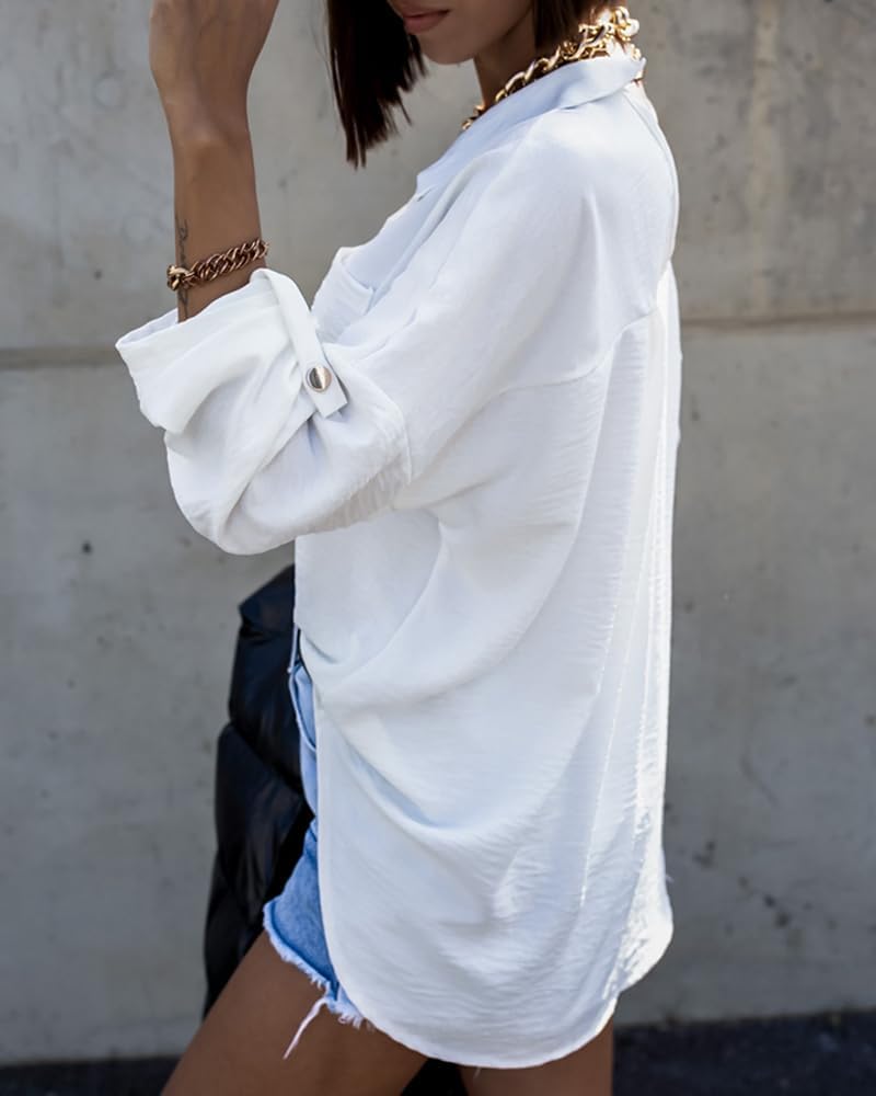CHICME Button Down Shirts for Women Long Sleeve Blouse Loose Fit Casual Blouse Work Shirt with Pocket Fall Top - Image 4
