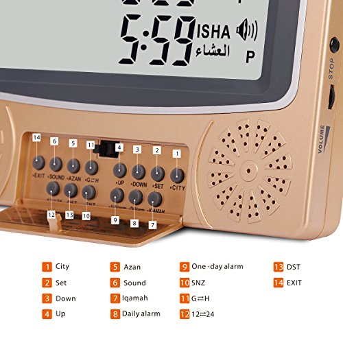 Al-Harameen,Azan Clock/Prayer Times Table Clock/Muslim Digital Alarm,Lcd Ha-4010 (Gold) #TOP6