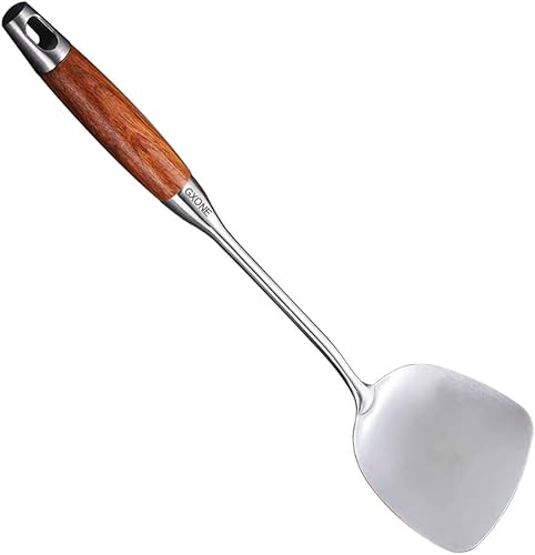 Espátula china para wok, espátula de acero inoxidable 304 con mango de madera resistente al calor, plata15.7 pulgadas