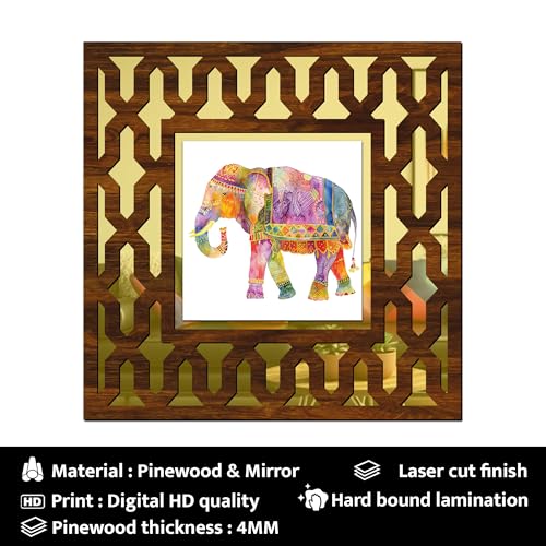 Image of RAG28 Wooden Elephant Mandala Art Mirror Wall Decor Panel for Home Decor Living Room Bed Room Office (AD9, 12X12 Inches, Set of 2)