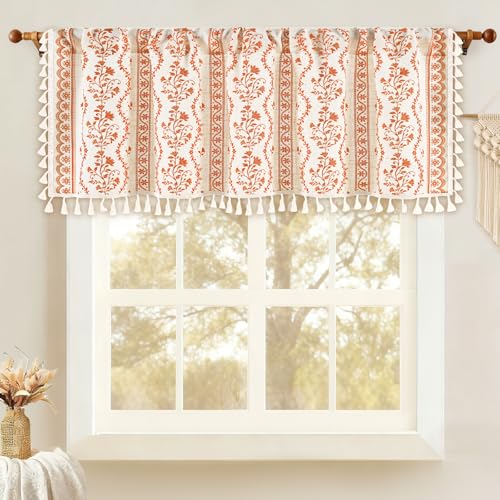 Image of Yinhua Boho Valance Curtains Vintage Linen Kitchen Valances for Windows Light Filtering Bohemian Floral Valance Rod Pocket Tassel Window Valances for Bathroom Cafe, 52 inch W X 18 inch L, White Orange