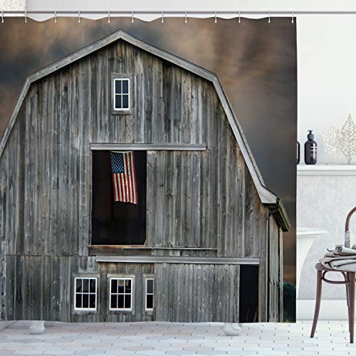 Ambesonne American Flag Shower Curtain, American Flag Flying in Hayloft Window Wooden Old House Dark Evening View, Cloth Fabric Bathroom Decor Set with Hooks, 69" W x 75" L, Dark Grey