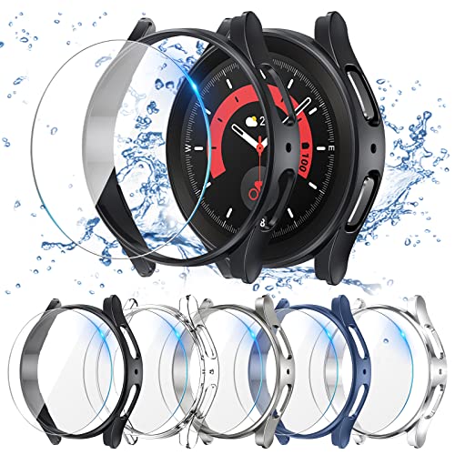 Neitra [5+5Pack for Samsung Galaxy Watch 5 Pro 45mm Case + Screen Protector, Anti-Fog 5 Tempered Glass Protective Film + 5 Hard PC Bumper Cover Scratchproof Cases Accessories for Galaxy Watch 5Pro