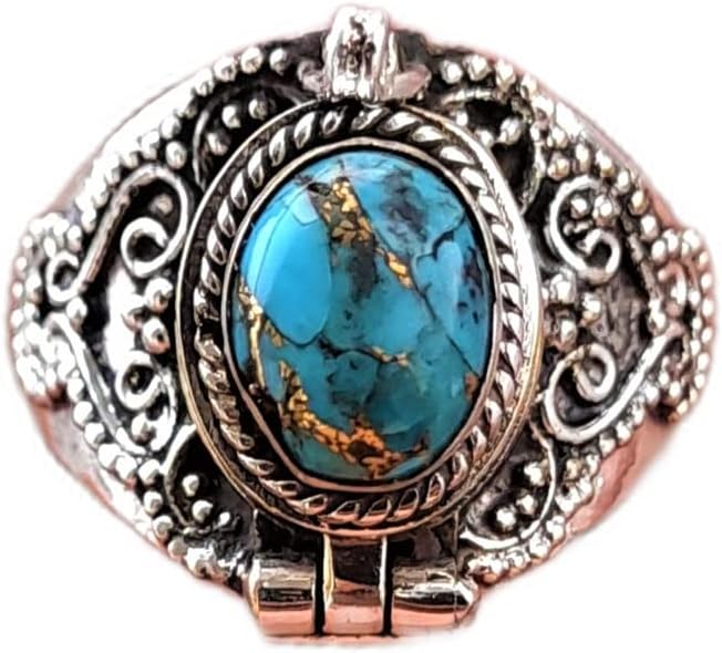 Blue Copper Turquoise Ring| Poison Pillbox Ring| Antique Poison Ring| Mojave Turquoise Ring| Oval Stone Ring| Openable Ring| Snuff Ring| Secret Message Ring| Turquoise Jewelry