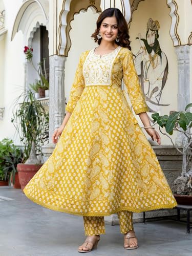 Image of Pure Cotton Anarkali Kurta Set for Women with Dupatta | 3 Piece Cotton Anarkali Suit | Floral Aari Work | Flared Ethnic Wear