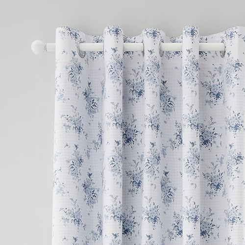 Catherine Lansfield Lucie - Cortinas con Volantes Florales Totalmente Reversibles de 66 x 90 Pulgadas, Dos Paneles, Color Azul