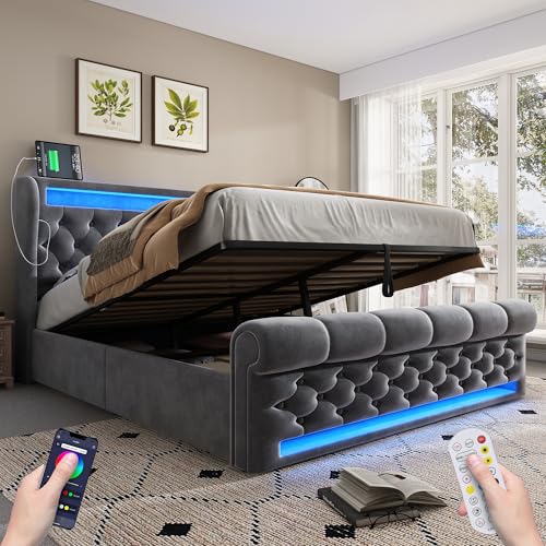 Doppelbett 160 x 200 cm mit LED und USB, französisches Bett mit Hydraulikbehälter und Kopfteil, Bett mit Lattenrost, Doppelbett aus Samt, Grau (ohne...