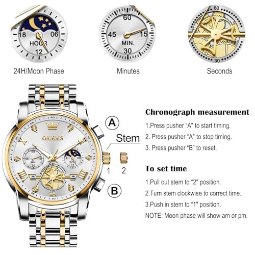 Image of OLEVS Men Watches Stainless Steel Chronograph Watch, Large Wrist Analog Quartz Watch, Fashion Waterproof Diamond Roman Numerals Dress Watches for Men, Gold /Black /White /Blue /Grey Dial