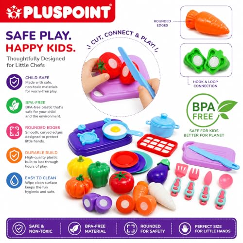 Image of PLUSPOINT Kitchen Set with Vegetables & Storage Bag | Sliceable Food Cutting Toy Set for Kids | Pretend Play Kitchen Food Accessories for Boys & Girls | Lunch Time Role Play Learning Toy