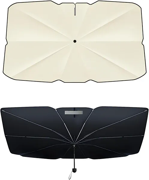 [2025 Upgrade] Retractable Windshield Sun Shade for Car, Umbrella Sunshade for Car Windshield Protect Vehicle from Sun Rays & Heat Damage Medium (57" x 33")