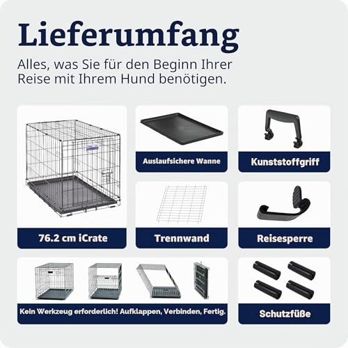 MidWest Homes for Pets iCrate Hundebox, klappbar, 1 Tür, Trennwand, auslaufsichere Bodenwanne, sichere Verriegelungen, Drahtgitterbox für mittelgroße Rassen, tragbar, robust, einfacher Aufbau, 76 cm