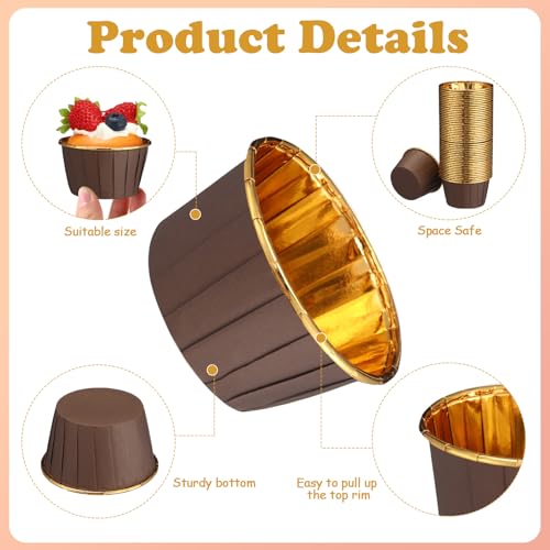 Image of 300 Pack Brown Gold Cupcake Liners Bulk Disposable Foil Muffin Cup