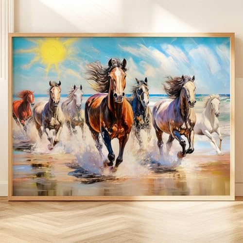 Image of HOTHOUSE Seven Running Vastu Lucky Horse Rising Sun Painting Wall Decor | 7 Horses Vastu Frame Wall Art Painting for Living Room Bedroom Office Home Decor Size (13X17 inch)