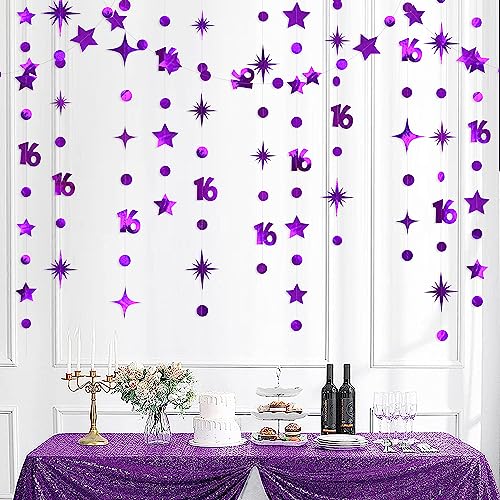 Image of Purple Number 16 Circle Dot Twinkle Star Garland Kit Metallic Hanging Streamer Bunting Banner Backdrop Decorations for Girls Boys 16th Birthday Sweet Sixteen Wedding Anniversary Bridal Shower Party