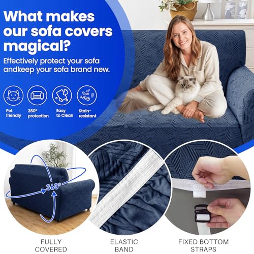 YEMYHOM 1 Piece Stretch Couch Covers for 3 Cushion Couch, Jacquard Sofa Cover with Non-Slip Elastic Bottom, Thickened Slipcover Furniture Protector for Dogs Pets (Large, Navy) - Image 5