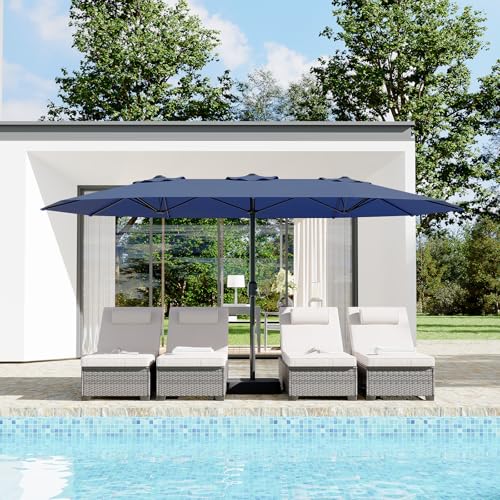 15FT Rectangular Patio Umbrella with Base Included - Large Patio Umbrella with Crank Handle, UV Protection for Outdoor Market, Backyard, Pool - Navy Blue
