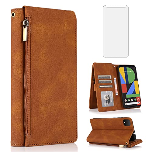 Asuwish Compatible with Google Pixel 4 XL Wallet Case Tempered Glass Screen Protector Zipper Retro Leather Flip Cover Card Holder Stand Cell Accessories for Pixle 4XL Pixel4XL 4LX LX Women Men Brown