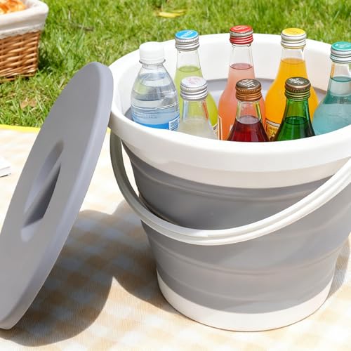 Beauenty Collapsible Bucket with Handle & Lid - 5L (1.3 Gallon) Portable and Lightweight Water Bucket for Camping, Outdoor Fishing, Cleaning & Gardening, Outdoor Activities and Home (Blue)