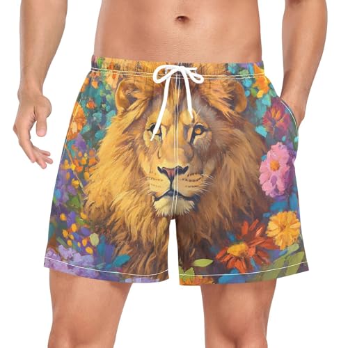 Mens Swim Trunks with Liner, Lion Head Garden Cool Quick Dry Beach Swim Shorts, Swimwear Bathing Suits S