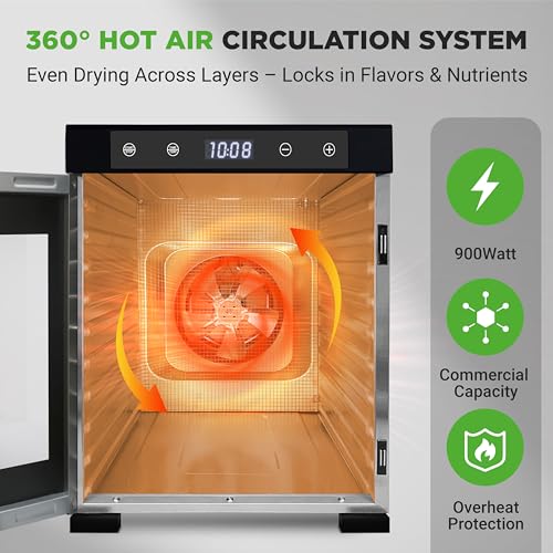 Image of NutriChef Electric Countertop Food Dehydrator-900-Watt Premium Multi-Tier: Save Time v. 600W. Make Jerky, Dried Fruit /Veggies, Dog Treats, Yogurt, 10 Stainless Steel Trays, Digital Timer, Temp Control