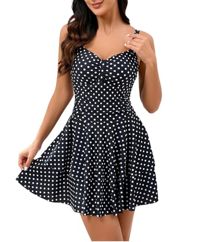 Halcurt Badeanzug Damen Bauchweg mit Cups Einteiliger Schwimmrock Ruched Schwimmkleid Badekleid L