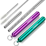 Longzon 2 Pack Telescopic Metal Straws - Reusable, Portable, Collapsible Stainless Steel Drinking Straws with 2 Aluminum Key-chain Case & 2 Cleaning Brushes for Travel - (Purple/Green)